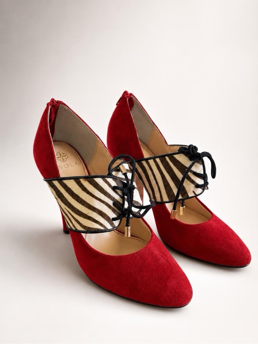 Isola Red Suede Zebra Print Haircalf Lace-Up Bootie Pumps - Rockabilly Pinup